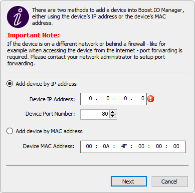 Boost.IO Manager add device dialog with options to add by IP address or MAC address