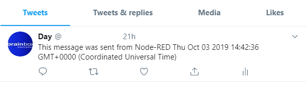 Twitter profile showing posted tweet reading This message was sent from Node-RED with timestamp