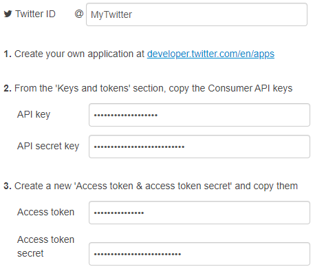 Twitter node config with Twitter ID, API key, API secret, access token, and access token secret fields