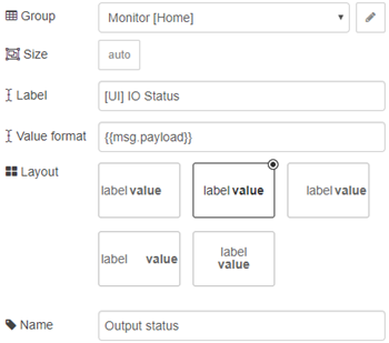 Node-RED dashboard text node config with label IO Status, value format msg.payload, and Monitor Home group