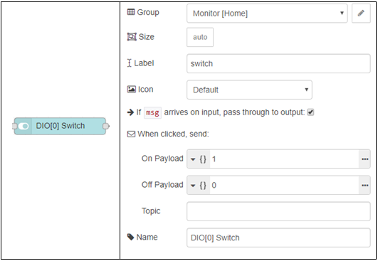 Node-RED dashboard switch node config for DIO[0] with On Payload 1 and Off Payload 0