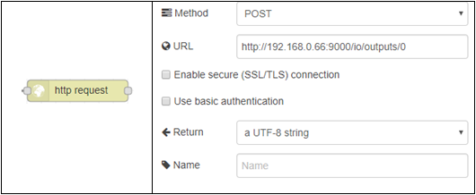 Node-RED HTTP request node config with POST method and URL http://192.168.0.66:9000/io/outputs/0 for single output line