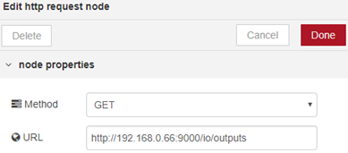 Node-RED HTTP request node config with GET method and URL http://192.168.0.66:9000/io/outputs