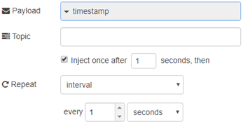 Node-RED inject node properties with timestamp payload and repeat interval set to every 1 second