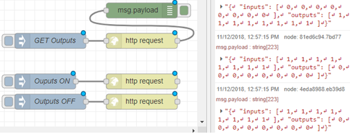 Complete Node-RED REST flow with GET Outputs, Outputs ON/OFF inject nodes, HTTP request nodes, and debug panel showing BB-400 IO status