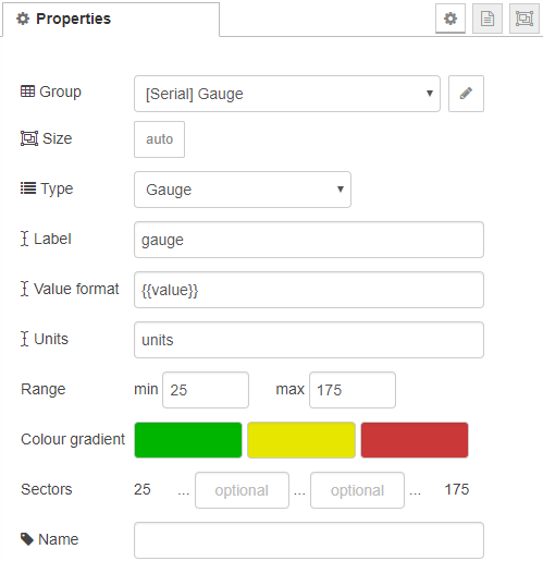 Node-RED gauge node properties configured in Serial Gauge group with range 25 to 175