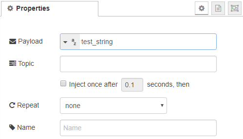 Node-RED inject node properties with string payload set to test_string