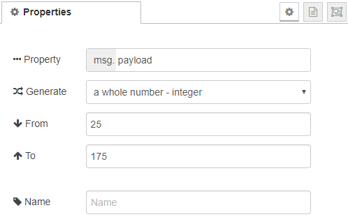 Node-RED random node properties generating integers from 25 to 175