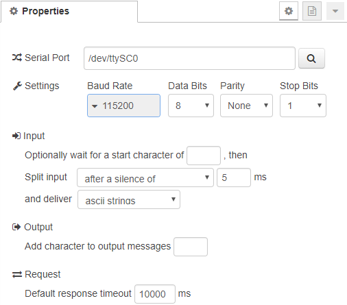 Node-RED serial port config for BB-400 with /dev/ttySC0, baud rate 115200, 8 data bits, no parity, 1 stop bit
