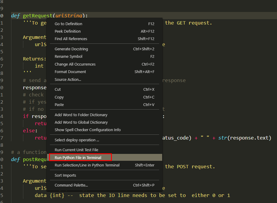 VS Code context menu with Run Python File in Terminal option highlighted