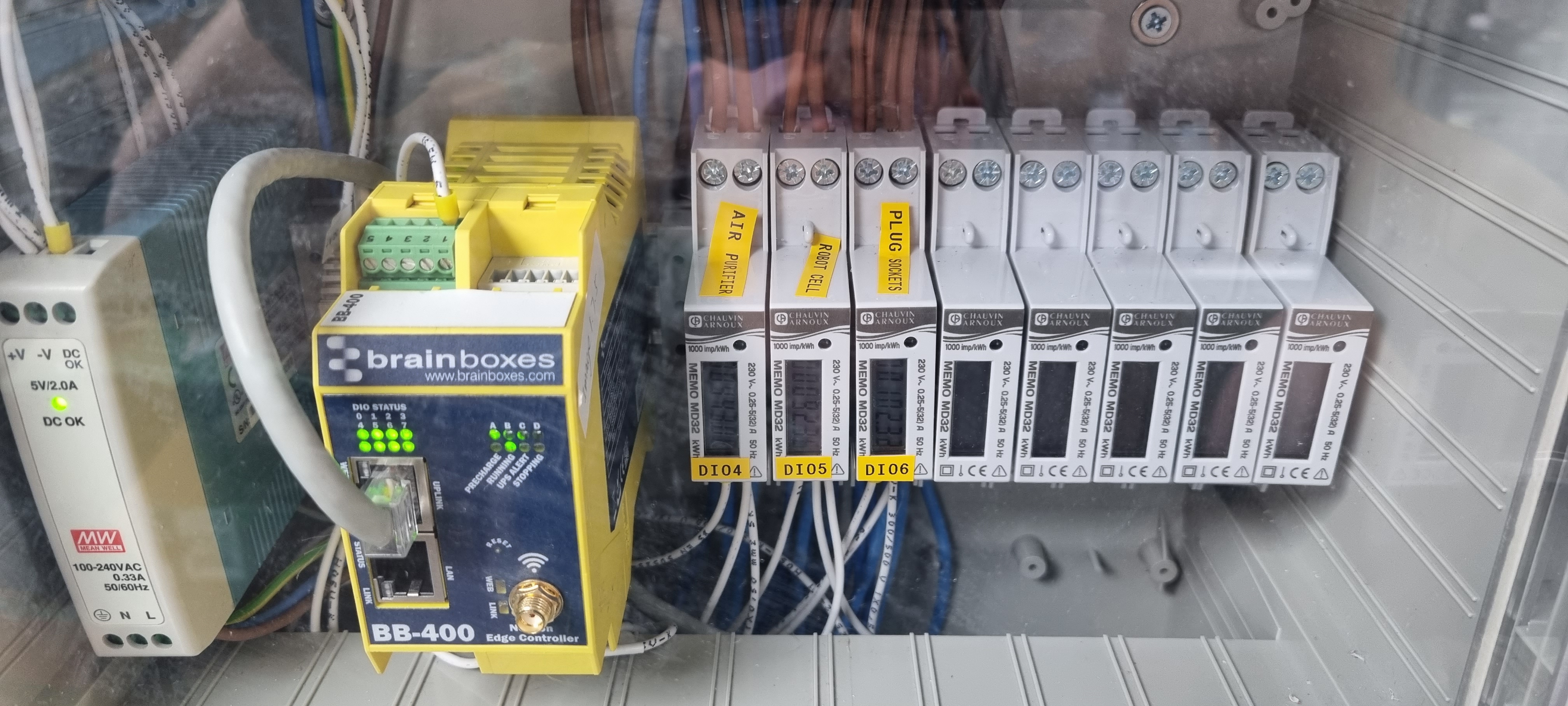 Wall-mounted enclosure with BB-400 NeuronEdge controller, DIN rail power supply, and Chauvin Arnoux sub meters with labeled DIO connections