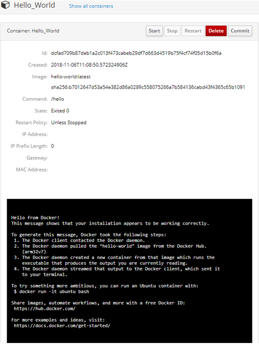 BB-400 Cockpit container detail page for Hello_World showing metadata, controls, and terminal output from Docker