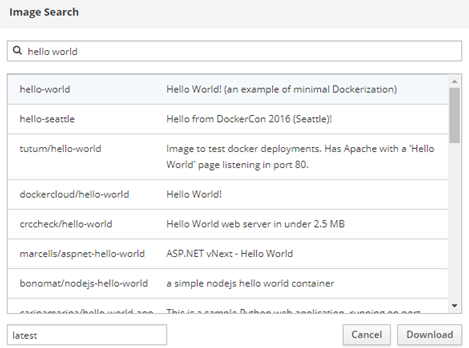 Docker Hub Image Search dialog on BB-400 showing hello-world search results with Download button