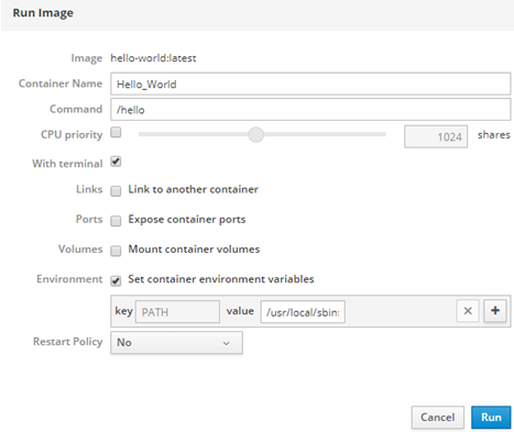 BB-400 Run Image dialog for hello-world container with name, command, CPU priority, and environment settings