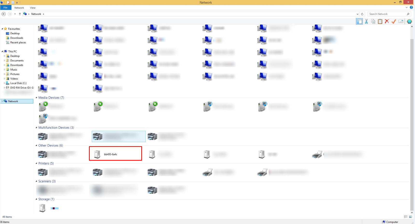 Windows Network tab showing BB-400 listed under Other Devices via UPnP