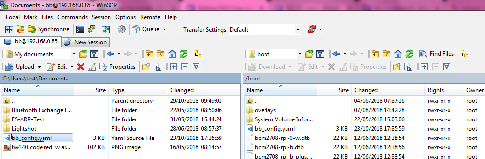 WinSCP showing bb_config.yaml copied from BB-400 boot partition to local PC