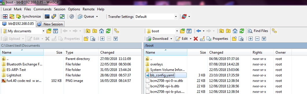 WinSCP file manager showing bb_config.yaml selected in BB-400 boot partition