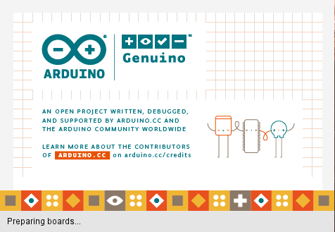 Arduino IDE splash screen showing Arduino and Genuino branding with Preparing boards status message