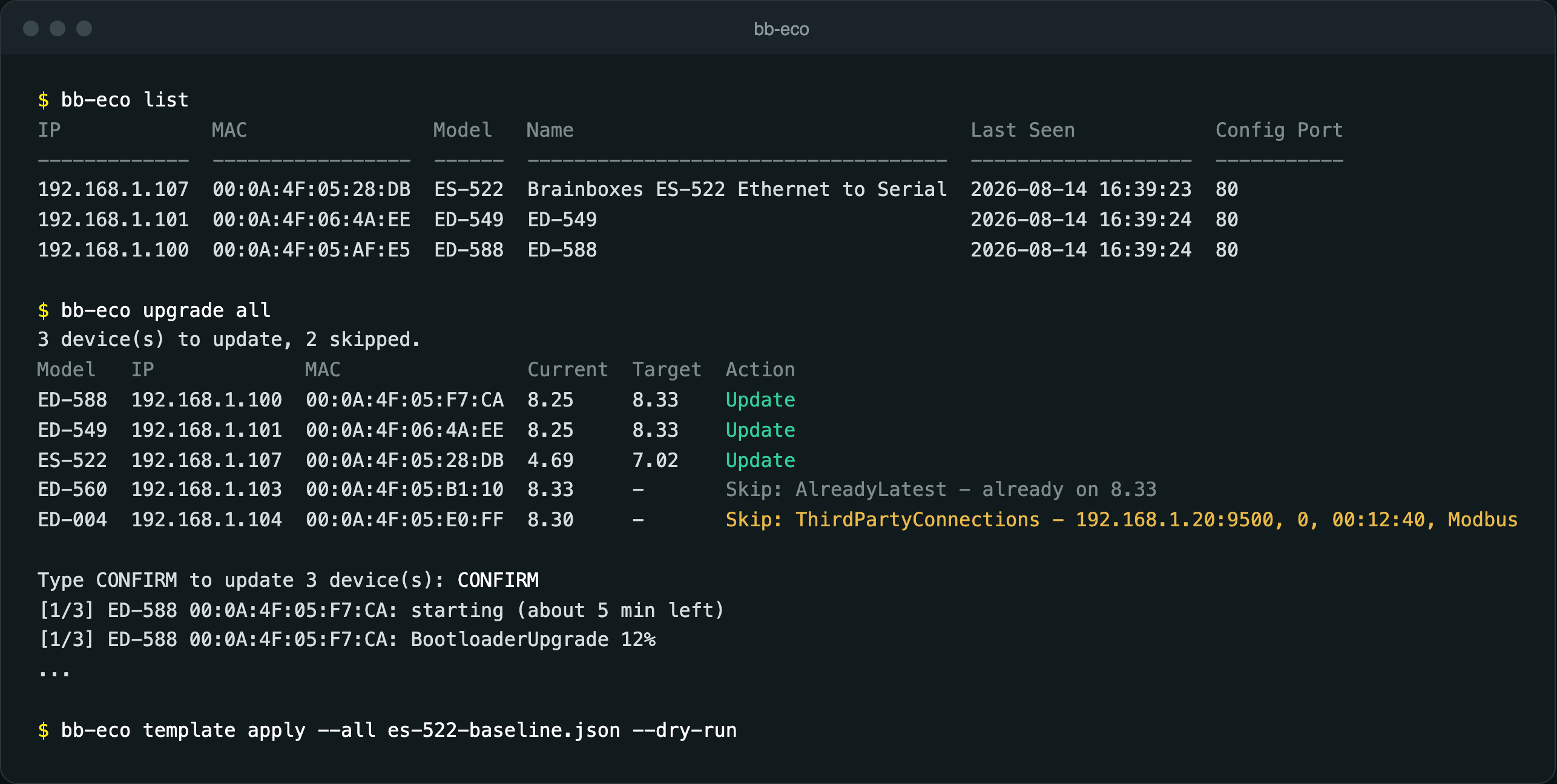 A terminal running bb-eco list, then bb-eco upgrade all with its plan of three devices to update and two skipped, then a template apply to every device as a dry run.