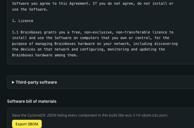 Settings, Licence: the end of the licence agreement, the Third-party software list, and the Software bill of materials section with its Export SBOM button.