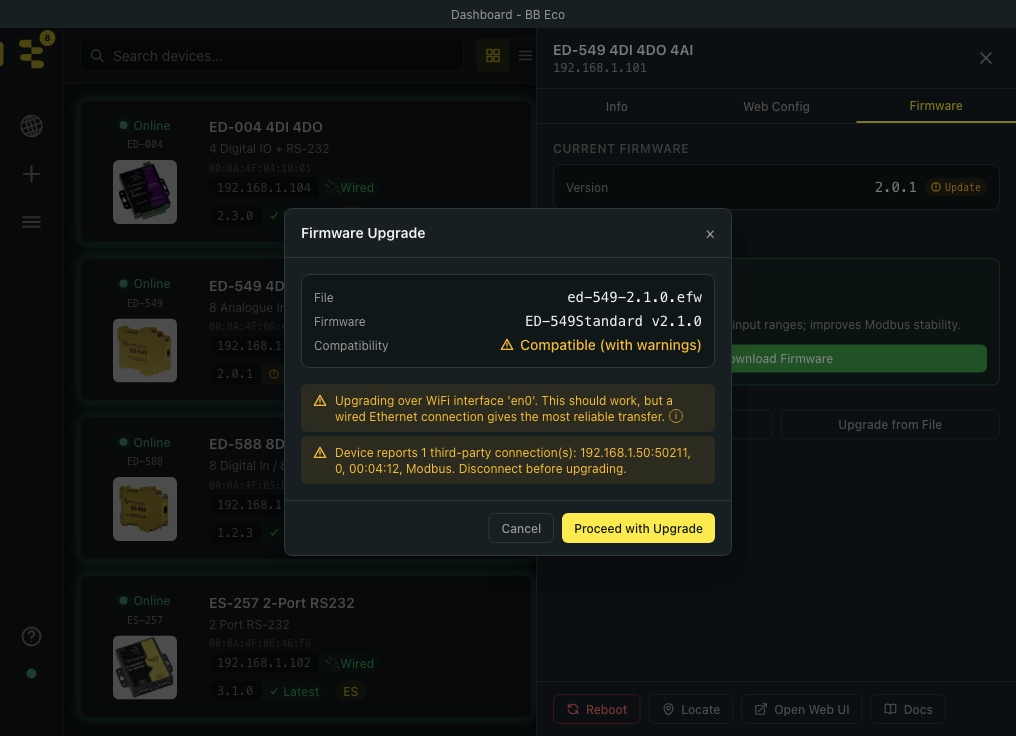 The pre-flight check for a firmware upgrade: the image is compatible, with warnings about upgrading over Wi-Fi and a third-party connection to the device.