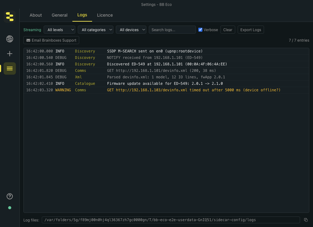 Settings, Logs: a live list of BB Eco's log lines with level, category and device filters, and an Email Brainboxes Support button.