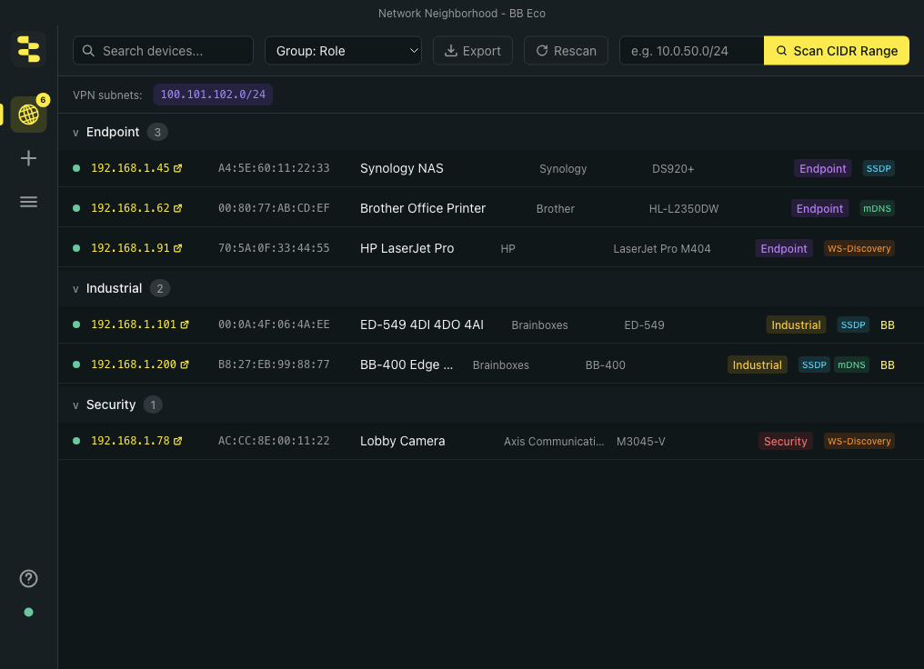 Network Neighborhood listing every device that announced itself, grouped by role: endpoints such as a NAS and printers, industrial devices including Brainboxes ones, and a security camera.