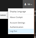 BB-400 Cockpit web interface dropdown menu showing Log Out option to apply user group changes