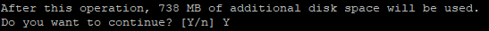 BB-400 terminal showing 738 MB disk space confirmation prompt with Y entered to continue FFmpeg installation