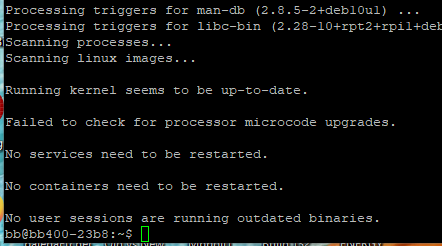 BB-400 terminal showing completed FFmpeg installation with processing triggers and command prompt returned