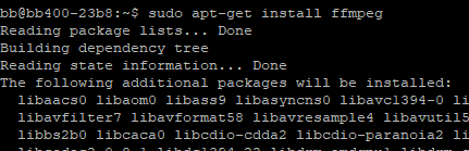 BB-400 terminal running sudo apt-get install ffmpeg, showing package dependency list