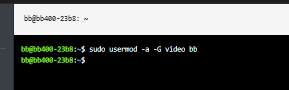 BB-400 terminal running sudo usermod -a -G video bb command, returning to command prompt on completion