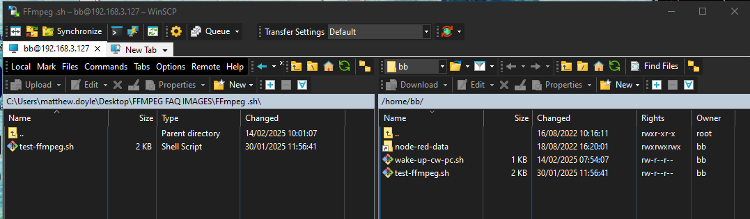 WinSCP file transfer showing test-ffmpeg.sh copied from local desktop to BB-400 /home/bb/ directory