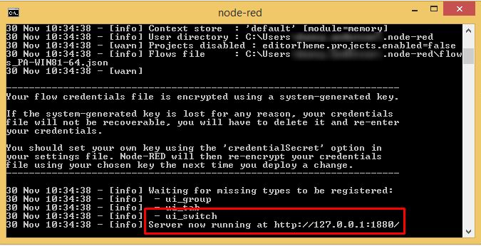 Command prompt showing Node-RED server running at http://127.0.0.1:1880/ highlighted in red